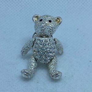 Napier Articulated Teddy Bear Pin Brooch. Silver Tone and Belly Bling. SO CUTE!